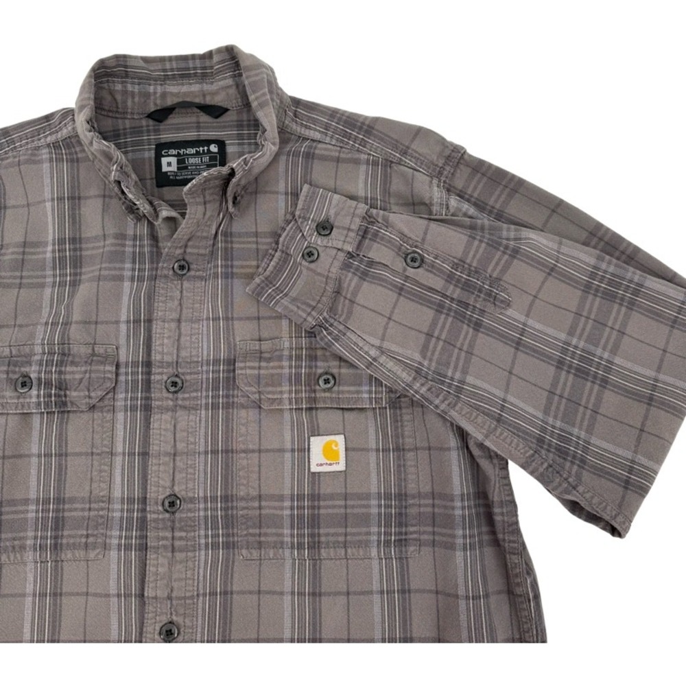 CARHARTT Medium Rugged Flex Loose Fit‎ Gray Plaid Button Down Shirt Long Sleeve